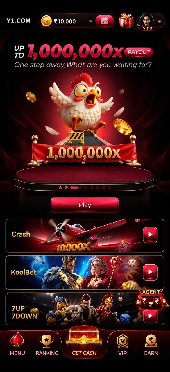 Y1 Game app home screen showing the ₹1,000,000x payout banner, live jackpot ticker and featured games